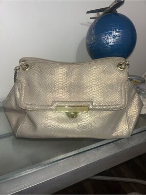 Nine West Metallic Champagne Snake-Embossed Shoulder Bag with Gold Hardware